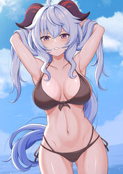  ahoge armpits arms_behind_head arms_up bare_arms bare_shoulders bikini black_bikini blue_hair blue_sky breasts cleavage cloud commentary cowboy_shot day female front-tie_bikini_top front-tie_top ganyu_(genshin_impact) genshin_impact goat_horns grin groin halterneck highres horns large_breasts long_hair looking_at_viewer low_ponytail lunarscent multi-strapped_bikini navel outdoors paid_reward_available purple_eyes side-tie_bikini_bottom sky smile solo stomach string_bikini swimsuit very_long_hair wet 