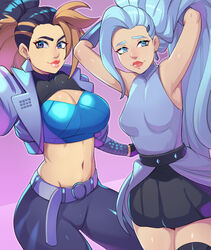  2girls absurdres akali armpits arms_up belt black_hair black_pants blue_eyes breasts brown_hair cleavage cleavage_cutout clothing_cutout commentary cropped_jacket earrings english_commentary greenmarine grey_hair hands_in_hair highres jewelry k/da_(league_of_legends) large_breasts league_of_legends lips long_hair midriff miniskirt multicolored_hair multiple_girls navel outstretched_arm pants pink_background purple_eyes reaching reaching_towards_viewer selfie seraphine_(league_of_legends) skirt sleeveless small_breasts streaked_hair studded_belt the_baddest_akali thick_eyebrows thighhighs toned triangle_earrings two-tone_hair very_long_hair zettai_ryouiki 