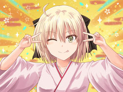  ahoge black_bow blonde_hair blush bow breasts closed_mouth double_v egasumi emotional_engine_-_full_drive fate/grand_order fate_(series) female floral_background hair_between_eyes hairbow hands_up haura_akitoshi japanese_clothes kimono koha-ace long_sleeves looking_at_viewer medium_breasts okita_souji_(fate) okita_souji_(koha-ace) one_eye_closed parody pink_kimono short_hair smile solo sparkle sunburst sunburst_background tongue tongue_out v wide_sleeves yellow_background yellow_eyes 