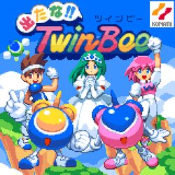  1boy 2girls :d blue_eyes brown_eyes brown_hair copyright_name crown day dress gerwalk gloves green_hair gwinbee hairband headband highres konami light_(twinbee) logo mecha multiple_girls open_mouth outdoors pastel_(twinbee) pink_hair pixel_art pixelflag princess_melora robot sleeveless smile twinbee twinbee_(character) white_dress white_gloves white_headband winbee 