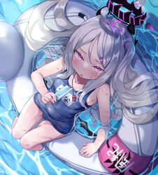  ahoge bare_arms bare_shoulders blue_archive blue_one-piece_swimsuit blush female food from_above hair_flowing_over hair_spread_out halo highres hina_(blue_archive) hina_(swimsuit)_(blue_archive) holding holding_food ice_cream innertube isemori long_hair name_tag official_alternate_costume one-piece_swimsuit purple_eyes revision school_swimsuit soaking_feet solo swim_ring swimsuit tongue tongue_out very_long_hair white_hair 