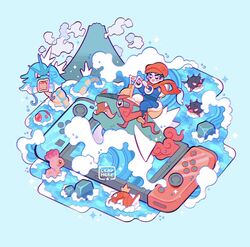  +_+ 1boy basculegion black_hair black_shirt blue_jacket blue_pants blush commentary fish floating_scarf gyarados hat hisuian_qwilfish isometric jacket leaphere magikarp male_focus nintendo_switch open_mouth orange_headwear orange_scarf pants pokemon pokemon_(creature) pokemon_legends:_arceus rei_(pokemon) riding riding_pokemon scarf shellos shellos_(west) shirt shoes short_hair signature sitting smile tentacruel water 