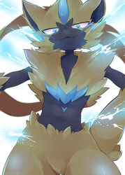  1other blue_eyes blurry claws closed_mouth commentary_request fang_out furry hand_on_own_hip highres looking_at_viewer momamo oerba_yun_fang pokemon pokemon_(creature) smile solo yellow_fur zeraora 