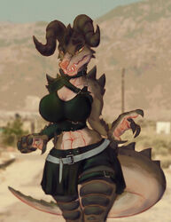  anthro belt black_clothing bottomwear breasts claws cleavage clothed clothing deathclaw desert desert_background exposure_variation fallout fangs female hi_res horn looking_at_viewer microsoft scalie skirt smile solo tail teeth thick_tail thigh_up victordantes wasteland yellow_eyes 