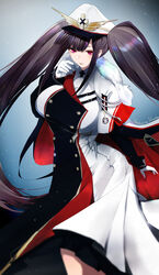  artist_name azur_lane black_hair blue_background blunt_bangs breasts buttons cape commentary cowboy_shot double-breasted dress female fur-trimmed_cape fur_trim gloves hachimitsu_hinako hand_up hat highres huge_breasts layered_dress long_dress long_hair looking_at_viewer military military_hat military_uniform multicolored_clothes multicolored_dress parted_lips peaked_cap peter_strasser_(azur_lane) red_eyes sidelocks smile solo standing twintails uniform very_long_hair white_cape white_dress white_gloves white_hat wind wind_lift 