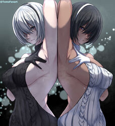  2b_(nier:automata) 2girls 2p_(nier:automata) absurdres arm_up armpits black_gloves black_hair black_hairband black_sweater black_vs_white breasts clenched_teeth closed_mouth commentary commission dark-skinned_female dark_skin english_commentary gloves grey_hair hairband highres large_breasts looking_at_viewer meme_attire mole mole_under_mouth multiple_girls nier:automata nier_(series) no_blindfold presenting_armpit sideboob sweat sweater sweaty_armpits teeth tomodachi_(tomofanart) variant_set virgin_killer_sweater white_gloves white_hair white_hairband white_sweater 