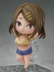  barefoot blue_shorts blush borrowed_character breasts brown_eyes brown_hair chibi cleavage closed_mouth commission crop_top eyebrows faux_figurine female full_body hair_ornament hairclip highres large_breasts looking_at_viewer mole mole_on_breast navel nendoroid original shiori2525 short_hair short_shorts shorts smile solo underboob 