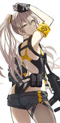  absurdres armband backless_swimsuit brown_hair closed_mouth female fingerless_gloves from_behind fujita_(condor) girls&#039;_frontline gloves gun h&amp;k_ump hair_tie highres holding holding_gun holding_weapon long_hair looking_at_viewer side_ponytail solo standing submachine_gun swimsuit ump45_(girls&#039;_frontline) weapon yellow_armband 