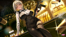  alcohol bar_(place) barrel black_pants black_ribbon black_vest blonde_hair breasts chandelier cup female gun highres holding holding_gun holding_weapon indoors kriss_vector large_breasts long_sleeves luvdia multicolored_hair neck_ribbon official_art pants park_dona parted_lips pinkmill ribbon shell_casing short_hair smoke sparkle submachine_gun vest virtual_youtuber weapon white_hair yellow_eyes 