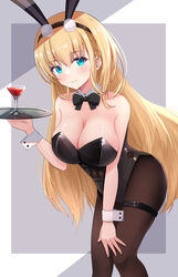  animal_ears azur_lane bare_shoulders black_leotard blonde_hair blue_eyes bow bowtie breasts brown_pantyhose cleavage commentary_request detached_collar fake_animal_ears female hairband hand_on_own_knee highres hikkyou holding large_breasts leotard long_hair looking_at_viewer north_carolina_(azur_lane) north_carolina_(the_heart&#039;s_desire)_(azur_lane) official_alternate_costume pantyhose playboy_bunny rabbit_ears smile solo standing strapless strapless_leotard thigh_strap tray very_long_hair wrist_cuffs 