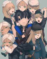  1boy 6+girls :3 :d :o ^_^ ^o^ baker_nemo_(fate) belt beret black_gloves black_hair black_headwear black_jacket blue_eyes blue_hair blue_legwear blue_shirt braid braided_ponytail bright_pupils captain_nemo_(fate) carrying closed_eyes commentary_request engineer_nemo_(fate) fate/grand_order fate_(series) fujimaru_ritsuka_(male) fujimaru_ritsuka_(male)_(polar_chaldea_uniform) glasses gloves gradient_hair green_eyes hair_over_shoulder hat jacket kaita_(mokamilkcup) light_brown_hair long_hair long_sleeves looking_at_viewer marine_nemo_(fate) multicolored_hair multiple_girls nemo_(fate) nurse_nemo_(fate) overalls professor_nemo_(fate) sailor_collar sailor_shirt shirt short_hair short_twintails sidelocks smile twintails white_pupils white_shirt 