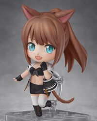  animal_ears black_footwear blue_eyes blush boots breasts brown_hair chibi cleavage commission cross-laced_footwear diamond-shaped_pupils diamond_(shape) eyebrows faux_figurine female full_body highres lace-up_boots long_hair medium_breasts navel nendoroid oerba_yun_fang open_mouth original ponytail shiori2525 smile solo symbol-shaped_pupils tail thighhighs white_thighhighs 