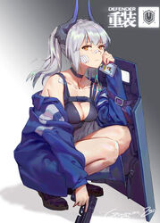  arknights bandaid bandaid_on_face bandaid_on_nose bare_shoulders black_choker black_footwear blue_jacket breasts brown_eyes character_name chinese_commentary choker cleavage commentary_request female franka_(arknights) gongxiao_zao gradient_background grey_background grey_hair gun hand_up handgun highres holding holding_gun holding_weapon horns jacket liskarm_(arknights) long_hair long_sleeves looking_at_viewer medium_breasts off_shoulder open_clothes open_jacket partial_commentary photoshop_(medium) ponytail shield shoes solo squatting translated weapon white_background 