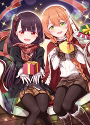  2girls black_gloves black_hair black_jacket black_pantyhose black_vest boots box braid brown_footwear brown_hair brown_skirt cape christmas commentary_request enpera feet_out_of_frame gift gift_box girls&#039;_frontline gloves green_eyes hair_between_eyes hair_over_shoulder hands_up harada_(sansei_rain) highres holding holding_gift jacket knees_together_feet_apart long_hair long_sleeves looking_at_viewer multiple_girls official_alternate_costume one_side_up pantyhose pleated_skirt red_cape red_eyes red_scarf ribbed_sweater scarf shirt sitting skirt springfield_(girls&#039;_frontline) springfield_(o_holy_night)_(girls&#039;_frontline) sweater twin_braids very_long_hair vest wa2000_(date_in_the_snow)_(girls&#039;_frontline) wa2000_(girls&#039;_frontline) white_gloves white_shirt white_sweater 