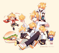  &gt;_&lt; 6+boys alalen arm_warmers artist_name baby bass_clef beige_background bird black_pants black_sailor_collar black_shorts blue_eyes blush_stickers bottle bow bowtie burger cape chick closed_eyes cosplay edogawa_conan edogawa_conan_(cosplay) food frown glasses grin hand_in_pocket hands_on_another&#039;s_shoulders highres kagamine_len leg_warmers lolicon lying male_focus meitantei_conan milk_bottle multiple_boys multiple_persona necktie number_print on_stomach orange_necktie pacifier pants red_bow red_bowtie red_cape sailor_collar school_uniform shirt short_ponytail short_sleeves shorts sitting smile spiked_hair standing thought_bubble tongue tongue_out v-shaped_eyebrows vocaloid white_shirt 