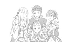  +_+ 4girls :&lt; akikan_ooo background_color_dependent beatrice_(re:zero) capelet closed_eyes closed_mouth clothing_cutout commentary covering_face dress drill_hair emilia_(re:zero) frilled_hairband frills frown fur-trimmed_capelet fur_trim girl_sandwich greyscale hair_over_one_eye hair_ribbon hairband hand_on_another&#039;s_face hand_on_another&#039;s_head hand_on_own_chest hands interlocked_fingers jacket long_hair looking_at_another medium_hair monochrome multiple_girls natsuki_subaru no_mouth open_mouth own_hands_together pointy_ears re:zero_kara_hajimeru_isekai_seikatsu rem_(re:zero) ribbon sandwiched satella_(re:zero) short_hair shoulder_cutout smile standing track_jacket transparent_background twin_drills twintails very_short_hair 