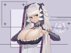  absurdres azur_lane bare_shoulders between_breasts black_dress breasts cleavage clothing_cutout commentary dress female formidable_(azur_lane) frilled_dress frills gothic_lolita hair_ribbon highres huge_breasts logo lolita_fashion long_hair midfinger platinum_blonde_hair red_eyes ribbon shoulder_cutout simple_background solo twintails two-tone_dress two-tone_ribbon upper_body very_long_hair 