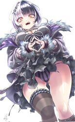  ass_visible_through_thighs belt black_choker black_coat black_dress black_gloves black_hair bracelet breasts chest_belt choker cleavage coat corrupted_twitter_file dress elbow_gloves female from_below fur-trimmed_coat fur_bracelet fur_trim gloves grey_hair highres hololive hololive_english jewelry kneehighs lace-trimmed_choker lace_trim large_breasts long_hair long_sleeves looking_at_viewer multicolored_hair open_clothes open_coat open_mouth own_hands_together panties pantyshot purple_coat purple_panties ring shiori_novella shiori_novella_(1st_costume) short_hair signature simple_background single_kneehigh single_sock single_thighhigh socks solo split-color_hair striped_clothes striped_gloves striped_panties striped_thighhighs syam_illust teeth thighhighs thighs two-sided_coat two-sided_fabric two-tone_hair underwear upper_teeth_only virtual_youtuber white_background white_hair yellow_eyes yorick_(shiori_novella) 