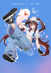  absurdres air_jordan air_jordan_1 alternate_costume black_choker black_gloves blue_background boo_tao_(genshin_impact) brown_hair choker commentary cosplay crop_top denim duplicate facial_mark feint721 female fingerless_gloves genshin_impact ghost gloves grin haerin_(newjeans) haerin_(newjeans)_(cosplay) hair_between_eyes hat heart highres hu_tao_(genshin_impact) jeans jewelry k-pop long_hair looking_at_viewer midriff necklace newjeans nike_(company) omg_(newjeans) pants pixel-perfect_duplicate real_life red_eyes shirt shoes short_sleeves smile sneakers solo stomach twintails very_long_hair white_hat white_shirt 