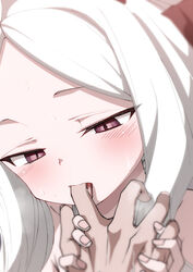  1boy ahoge bad_id bad_twitter_id black_horns blue_archive blush commentary female finger_sucking hand_grab highres hina_(blue_archive) hitotose_rin horns long_hair looking_at_hand pov pov_hands purple_eyes saliva solo_focus sweat symbol-only_commentary tongue tongue_out white_hair 