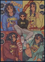  4boys abs absurdres aizetsu_(kimetsu_no_yaiba) artist_name black_hair black_hoodie black_socks blue_background blue_hoodie cheetos chester_cheetah closed_mouth clothes_lift contemporary dark-skinned_male dark_skin english_commentary furrowed_brow green_background grey_pants hand_up headphones highres hood hood_down hoodie hoodie_lift humanization karaku_(kimetsu_no_yaiba) kimetsu_no_yaiba lifting_own_clothes long_hair long_sleeves looking_at_viewer looking_to_the_side male_focus multicolored_background multiple_boys muted_color naughty_face p1nkmenace63 pants raised_eyebrow red_background red_hoodie sekido_(kimetsu_no_yaiba) shirt_lift shoes short_hair sitting sleeves_past_wrists sneakers socks spanish_text thick_eyebrows toned toned_male tongue tongue_out twitter_username urogi_(kimetsu_no_yaiba) v white_footwear yellow_background yellow_eyes yellow_hoodie zohakuten_(kimetsu_no_yaiba) 