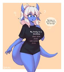  black_shirt blue_eyes blue_skin borvar breasts clothes_writing colored_skin commentary cowboy_shot english_commentary english_text female fuck-me_shirt highres horns inconvenient_breasts large_breasts meme meme_attire my_body_is_a_machine_(meme) original pointy_ears ponytail shirt signature solo t-shirt tail white_hair 