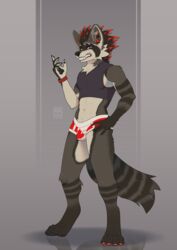  absurd_res anthro bedroom_clothing canada canadien clothing disgusted_expression fluffy fluffy_tail full-length_portrait fur hair hi_res male mammal muscular muscular_anthro muscular_male portrait procyonid raccoon red_hair rexouium rintrash solo tail underwear 