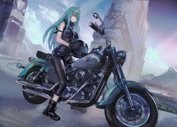  ankle_boots arknights arm_ribbon bad_id bad_pixiv_id bare_arms bare_shoulders black_footwear black_gloves black_pants black_ribbon black_shirt blue_sky boots breasts cloud commentary_request denki dutch_angle female gloves green_eyes green_hair helmet high_collar holding holding_helmet horns hoshiguma_(arknights) large_breasts long_hair looking_at_viewer motor_vehicle motorcycle motorcycle_helmet outdoors pants ribbon shirt single_horn sky sleeveless sleeveless_shirt smile solo 