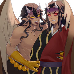  2boys animal_hands beads bird_wings black_kimono brown_hair brown_wings claws clenched_teeth colored_sclera dark-skinned_male dark_skin demon_boy fangs feathered_wings furrowed_brow grey_horns hair_between_eyes harpy_boy holding_another&#039;s_arm horns japanese_clothes kimetsu_no_yaiba kimono long_hair looking_at_another male_focus monster_boy multiple_boys narihira_hira pointy_ears red_eyes red_kimono red_sclera sekido_(kimetsu_no_yaiba) sidelocks simple_background smile standing sweat talons teeth text_in_mouth tongue tongue_out topless_male upper_body urogi_(kimetsu_no_yaiba) veins white_background wings yellow_eyes yellow_sclera 