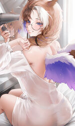  absurdres ass back bare_shoulders blush brown_hair commentary commission dress english_commentary female from_behind glasses grin hair_dryer hair_over_shoulder hands_up highres indoors long_hair long_sleeves looking_at_viewer looking_back mirror mookie_(e_mook9) multicolored_hair off_shoulder original pixiv_commission purple_eyes reflection round_eyewear sitting smile solo white_dress white_hair wings 