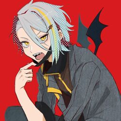  1boy blonde_hair blue_hair chamu_(zari_gani3) gradient_hair grey_hair grey_jacket hair_behind_ear indie_virtual_youtuber jacket looking_at_viewer male_focus mask mask_pull mouth_mask multicolored_hair open_mouth red_background sharp_teeth solo streaked_hair teeth utai_meika vampire_(vocaloid) virtual_youtuber 