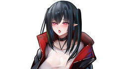  arknights bad_id bad_pixiv_id binggong_asylum black_choker black_hair black_jacket choker closure_(arknights) commentary_request female hair_between_eyes halterneck heart heart-shaped_pupils highres jacket long_hair oerba_yun_fang open_clothes open_jacket pink_eyes pointy_ears shirt simple_background skin_fang solo symbol-shaped_pupils tongue tongue_out upper_body white_background white_shirt 