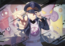  1boy alakazam belt belt_buckle black_coat black_headwear black_shirt brown_belt brown_coat buckle closed_mouth coat commentary_request gliscor grey_eyes grey_hair hand_on_headwear hat highres ingo_(pokemon) looking_at_viewer machamp magnezone male_focus minamo_(erkn7553) open_clothes open_coat pearl_clan_outfit pointing pokemon pokemon_(creature) pokemon_legends:_arceus probopass shirt short_hair sideburns striped striped_coat tangrowth torn_clothes torn_coat 