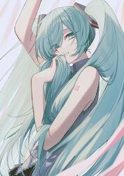  aqua_eyes aqua_hair arm_up bare_arms black_skirt collared_shirt commentary eyes_visible_through_hair female floating_hair grey_shirt hair_over_one_eye hair_over_shoulder half-closed_eyes hand_in_own_hair hand_to_own_mouth hand_up hatsune_miku highres holding holding_own_hair itou_(very_ito) light_smile long_hair looking_at_viewer muted_color number_tattoo parted_lips pleated_skirt shirt shoulder_tattoo sidelighting skinny skirt sleeveless sleeveless_shirt smelling_hair solo tattoo tsurime twintails upper_body very_long_hair vocaloid 