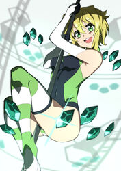  akatsuki_kirika ass blonde_hair breasts covered_navel elbow_gloves female gloves green_eyes green_leotard highres kagari_liroi leotard looking_at_viewer medium_breasts open_mouth pole pole_dancing senki_zesshou_symphogear shiny_skin short_hair smile solo striped_clothes striped_thighhighs stripper_pole teeth thighhighs 