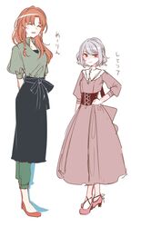  2girls bad_id bad_twitter_id bat_wings belt black_bow black_skirt bow breasts brown_belt brown_hair closed_eyes closed_mouth collar commentary_request dress full_body green_pants green_shirt grey_hair hair_between_eyes hand_up highres hong_meiling long_hair looking_to_the_side medium_breasts multiple_girls no_headwear no_wings open_mouth pants pink_dress pink_eyes pink_footwear puffy_short_sleeves puffy_sleeves red_footwear remilia_scarlet shaded_face shadow shirt shoes short_hair short_sleeves simple_background skirt smile souta_(karasu_no_ouchi) standing t-shirt touhou translation_request white_background wings 