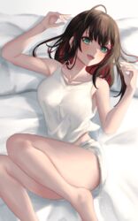  :d ahoge bare_arms bare_legs bare_shoulders black_hair breasts collarbone colored_inner_hair commentary english_commentary feet_out_of_frame female green_eyes hands_up highres hizuki_yui large_breasts looking_at_viewer lying medium_hair mole mole_under_eye multicolored_hair neo-porte on_back on_bed open_mouth pillow red_hair rekku_n shirt short_shorts shorts sleeveless sleeveless_shirt smile solo spaghetti_strap thighs virtual_youtuber white_shirt white_shorts 