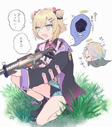  1boy apex_legends black_footwear black_jacket blonde_hair blue_hair boots chamu_(zari_gani3) chibi chibi_inset closed_eyes collared_shirt double_bun energy_gun female ghost gradient_hair green_eyes grey_hair gun hair_bun hair_ornament hair_over_one_eye hairclip halo highres holding holding_gun holding_weapon indie_virtual_youtuber iris_black_games jacket kurumi_noah multicolored_hair nervous one_eye_covered open_mouth shirt speech_bubble streaked_hair submachine_gun utai_meika virtual_youtuber volt_smg vspo! weapon white_shirt 