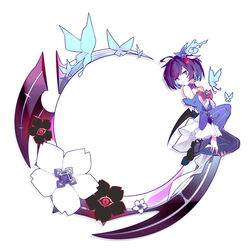  antenna_hair bare_shoulders black_flower black_footwear blue_butterfly blue_eyes blue_hair bug butterfly closed_mouth female flower full_body hair_between_eyes hair_ornament highres honkai_(series) honkai_impact_3rd linxi looking_at_viewer purple_sleeves purple_thighhighs seele_vollerei seele_vollerei_(swallowtail_phantasm) shoes short_hair simple_background solo tattoo thighhighs white_background white_flower 