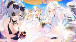  3girls :d alchemy_stars arm_up asagi_yuna bare_shoulders beach_umbrella bikini bikini_bottom_only black_bikini blonde_hair bottle breasts carleen_(alchemy_stars) carleen_(sea_breeze)_(alchemy_stars) choker commentary crop_top cross day eicy_(alchemy_stars) eicy_(onyx_iris)_(alchemy_stars) elbow_gloves eyepatch eyewear_on_head flower gloves green_eyes grey_hair hair_flower hair_ornament halterneck leaning_forward long_hair looking_at_viewer midriff multiple_girls navel ocean official_alternate_costume open_mouth outdoors parted_bangs pink_eyes ponytail sarong sleeveless small_breasts smile stomach string_bikini sunglasses swimsuit umbrella uriah_(alchemy_stars) uriah_(sea_breeze)_(alchemy_stars) very_long_hair white_bikini white_gloves white_hair yellow_eyes 