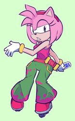  2020 5_fingers accessory alternate_costume amy_rose anthro bare_shoulders breasts clothing cosplay eulipotyphlan female fingers gloves green_eyes hair_accessory hairband handwear hedgehog holding_object inline_skates jet_set_radio mammal mrplow34 roller_skates sega simple_background solo sonic_the_hedgehog_(series) 