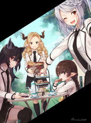  4girls :d animal_ears baguette basket black_hair black_necktie black_skirt black_socks black_thighhighs blazer blonde_hair book braid bread brown_hair cake cake_slice chocolate_chip_cookie cookie cup draph drill_hair dutch_angle eating erune feet_out_of_frame flower food fraux granblue_fantasy grey_hair haaselia harvin highres holding holding_basket holding_book holding_food horns jacket long_hair looking_at_viewer maria_theresa_(granblue_fantasy) multiple_girls necktie nier_(granblue_fantasy) one_eye_closed outstretched_arm pointy_ears sandwich saucer scone shirt side_braid sitting skirt smile socks standing strawberry_shortcake tea_party teacup teapot thighhighs tiered_tray twintails uruha_(yw1109) white_jacket white_shirt yellow_flower 