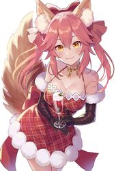  animal_ear_fluff animal_ears bare_shoulders black_gloves blush bow breasts christmas cleavage dress elbow_gloves fate/extra fate_(series) female fox_ears fox_girl fox_tail gloves hairbow iincho_(airi8751) large_breasts long_hair looking_at_viewer pink_hair red_dress sidelocks smile tail tamamo_(fate) tamamo_no_mae_(fate/extra) thighs twintails yellow_eyes 