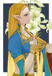  black_background blonde_hair blue_eyes border braid bridal_gauntlets female flower from_side green_eyes hair_ornament hairclip hands_up highres ivy_(sena0119) long_hair long_sleeves outside_border parted_bangs pointy_ears princess_zelda profile solo the_legend_of_zelda the_legend_of_zelda:_breath_of_the_wild tiara triforce upper_body white_border white_flower 