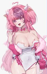  absurdres ahoge bow bow_choker breasts choker cleavage demon_girl demon_horns demon_wings female hair_ornament head_wings heart heart_ahoge heart_hair_ornament highres horns ironmouse ironmouse_(race_queen) jacket large_breasts leotard long_hair multicolored_hair nail_polish oerba_yun_fang open_mouth pink_bow pink_choker pink_hair pink_jacket pink_nails purple_eyes purple_hair race_queen skin_fang sky_above_me smile solo streaked_hair twintails very_long_hair virtual_youtuber vshojo white_leotard wings 