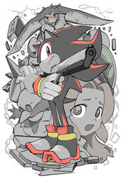  3boys absurdres bald black_doom eyebrows facial_hair female furry gerald_robotnik glasses gloves gun handgun highres holding holding_gun holding_weapon long_hair looking_at_viewer maria_robotnik moustache multiple_boys red_eyes round_eyewear shadow_the_hedgehog shadow_the_hedgehog_(game) shoes sneakers sonic_(series) spot_color tory_(tory29) weapon white_gloves 