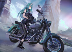  ankle_boots arknights arm_ribbon bad_id bad_pixiv_id bare_arms bare_shoulders black_footwear black_gloves black_pants black_ribbon black_shirt blue_sky boots breasts cloud commentary_request denki dutch_angle female gloves green_eyes green_hair helmet high_collar holding holding_helmet horns hoshiguma_(arknights) large_breasts long_hair looking_at_viewer motor_vehicle motorcycle motorcycle_helmet outdoors pants revision ribbon shirt single_horn sky sleeveless sleeveless_shirt smile solo 