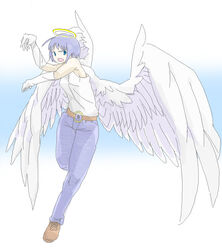  3_1 angel angel_wings bare_shoulders belt blue_eyes blue_hair denim elbow_gloves female gloves halo jeans oekaki open_mouth pants rabuyan shirt short_hair simple_background sleeveless sleeveless_shirt solo white_gloves white_shirt wings 