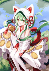  :d absurdres akashi_(azur_lane) akashi_(white_cat&#039;s_repayment)_(azur_lane) animal_ears azur_lane bell bow cat_ears coin commentary_request detached_sleeves eyes_visible_through_hair fake_animal_ears female green_hair hair_between_eyes hair_ribbon hairbow hareriya highres japanese_clothes kimono long_hair looking_at_viewer low_twintails official_alternate_costume open_mouth pleated_skirt ribbon sidelocks sitting skirt sleeves_past_wrists smile solo thighhighs twintails uchikake wataboushi white_thighhighs wide_sleeves yellow_eyes zettai_ryouiki 