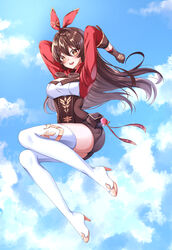  :d absurdres amber_(genshin_impact) arms_up ass bad_id bad_pixiv_id bag blue_sky boots breasts brown_eyes brown_gloves brown_hair cleavage cloud cloudy_sky commentary_request female genshin_impact gloves goggles goggles_around_neck hair_between_eyes hairband hareriya highres jumping long_hair long_sleeves looking_at_viewer open_mouth sidelocks sky smile solo thigh_boots thighhighs vision_(genshin_impact) white_footwear 